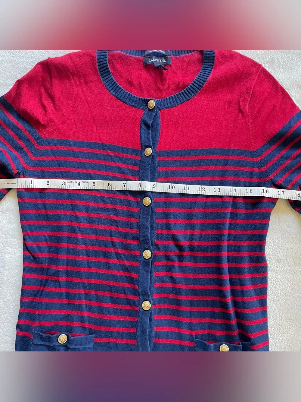 Lands End Red Navy Blue Nautical Cardigan size S 100% Cotton - Picture 9 of 13